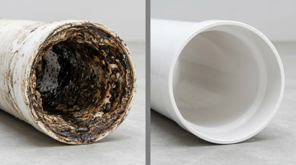 Before and after comparison of a drain pipe treated with FizzClean