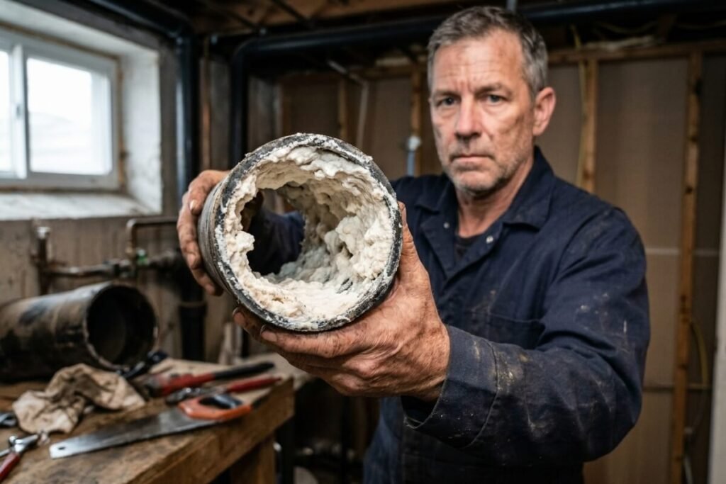 Marcus Webb, master plumber inspecting a drainage pipe
