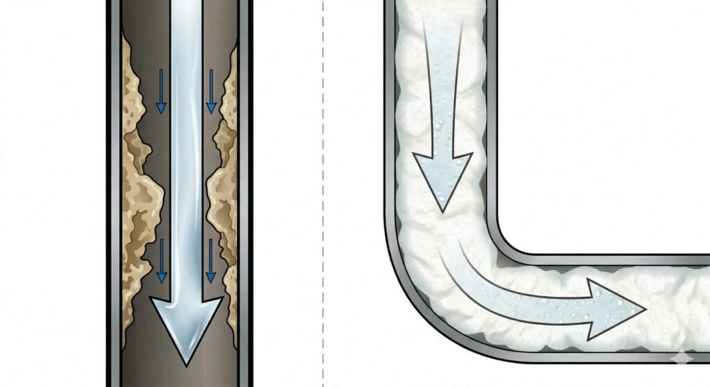 Cross-section of a household waste pipe showing thick biofilm build-up